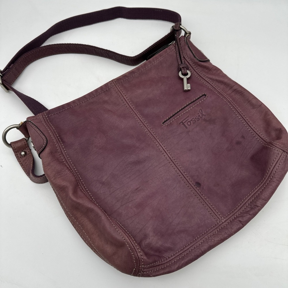 Fossil Crossbody Purple Leather Purse Hobo Boho Paisley-Lined Slouchy Bag VGT